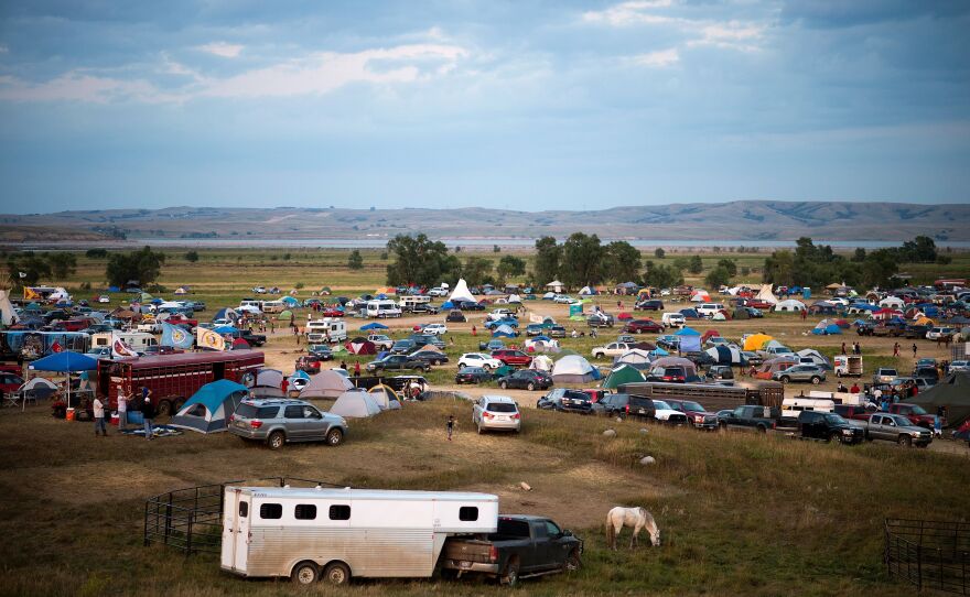 An encampment by the Missouri River where hundreds of people have gathered to join the Standing Rock Sioux Tribe's protest against the construction of the Dakota Access Pipe last week.