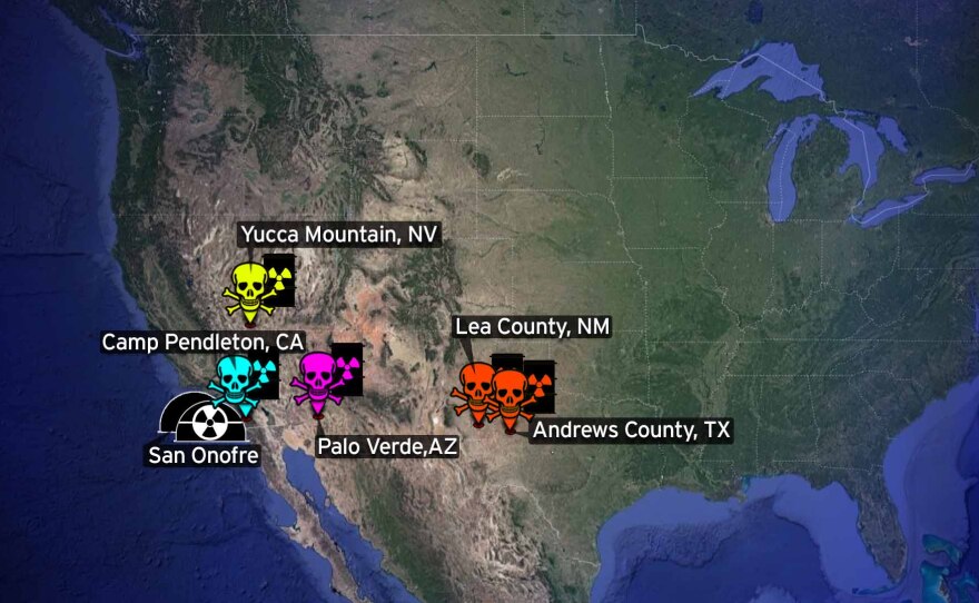 Map showing locations suggested as alternative storage site for nuclear waste. 