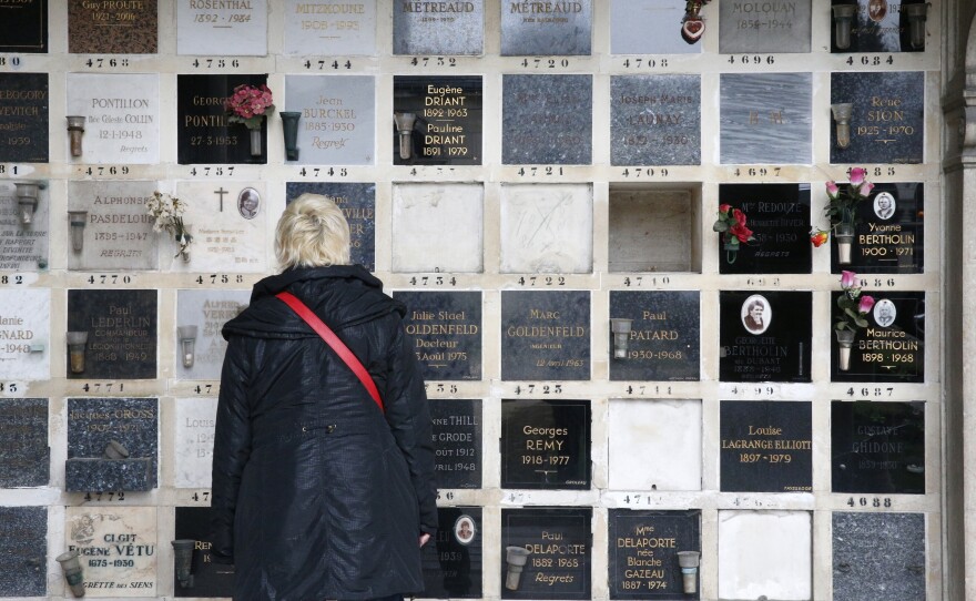 The columbarium where cremated remains are kept at Père Lachaise Cemetery in Paris.