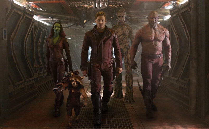 The ragtag "Guardians of the Galaxy:" Gamora (Zoe Saldana), Rocket Raccoon (Bradley Cooper), Peter Quill (Chriss Pratt), Groot (Vin Diesel), and Drax (David Bautista), out to save the universe if they can just come up with a plan.