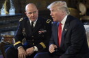 President Donald Trump speaks as Army Lt. Gen. H.R. McMaster listens at Mar-a-Lago in Palm Beach, Fla., in February 2017.