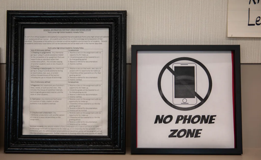 A sign that reads “no phone zone” in English teacher Jen Roberts’ class at Point Loma High School in San Diego on May 3, 2024. Photo by Adriana Heldiz, CalMatters