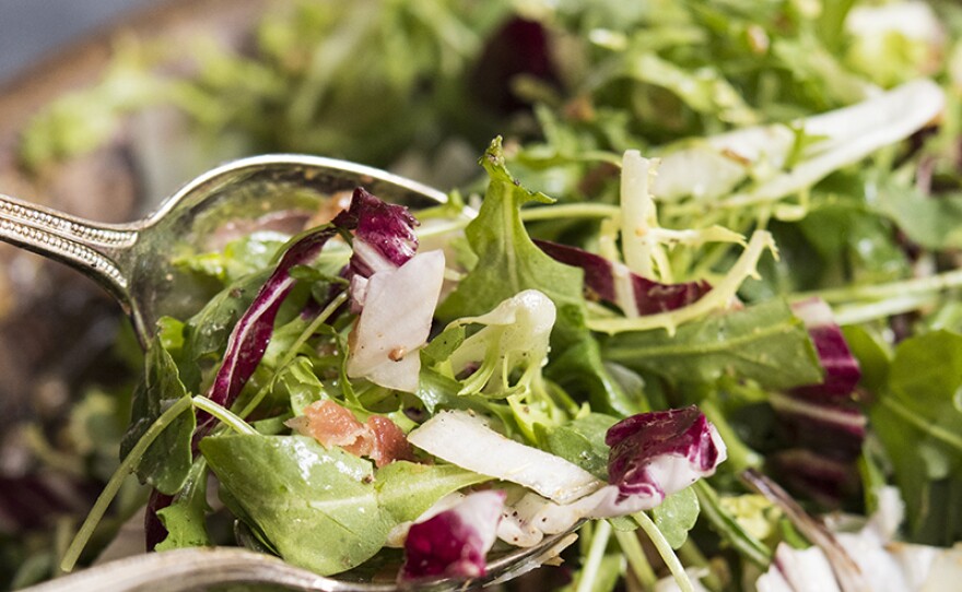 Greens with Walnuts, Parmesan and Pancetta Vinaigrette, a mainstay of French cooking as featured on "The New Paris" episode. 