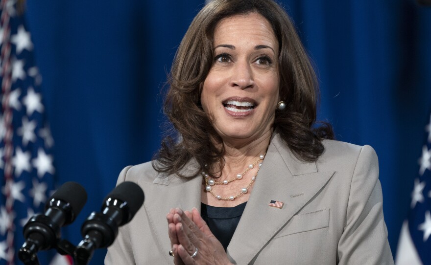 Vice President Kamala Harris announces the cancelation of all federal student loans borrowed to attend any Corinthian Colleges, Thursday, June 2, 2022, at the Department of Education in Washington. 