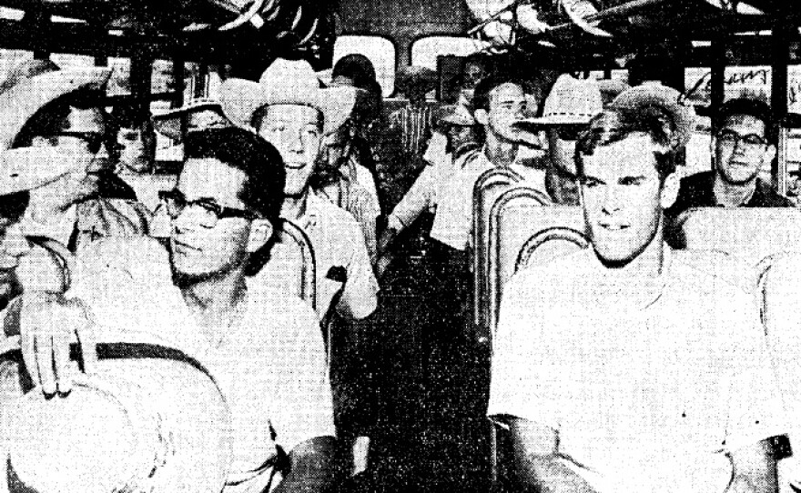 San Diego high school students await a bus ride to Blythe, Calif., to go pick cantaloupes in the summer of 1965. They were recruited as part of the A-TEAM, a government program to replace migrant farm workers with high school students.