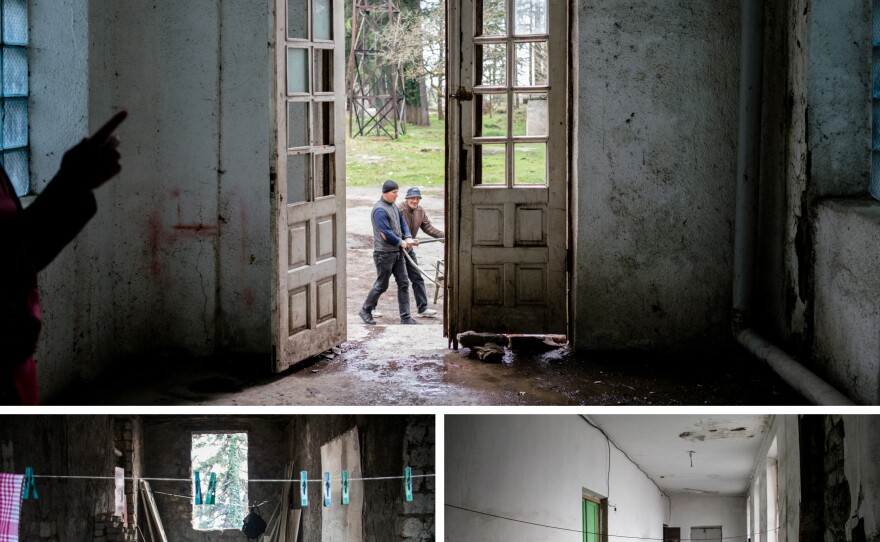 People heat their rooms in the former hospital buildings with woodstoves. In all of the buildings, there are huge holes in the floors and parts of the ceiling have collapsed.<em> </em>