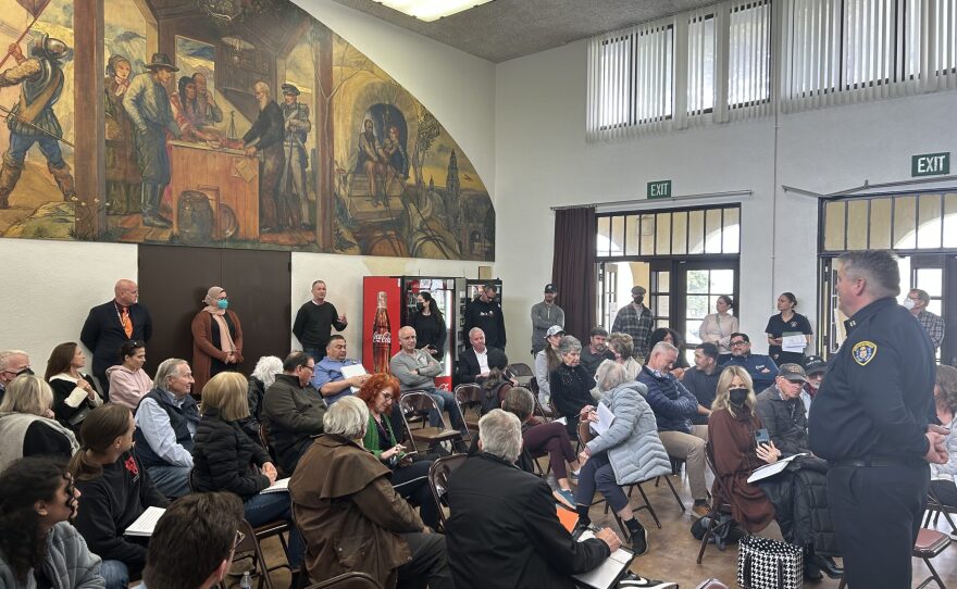 San Diego police Capt. Jeff Jordon discusses a proposal with residents in La Jolla to add surveillance technology citywide, March 10, 2023.