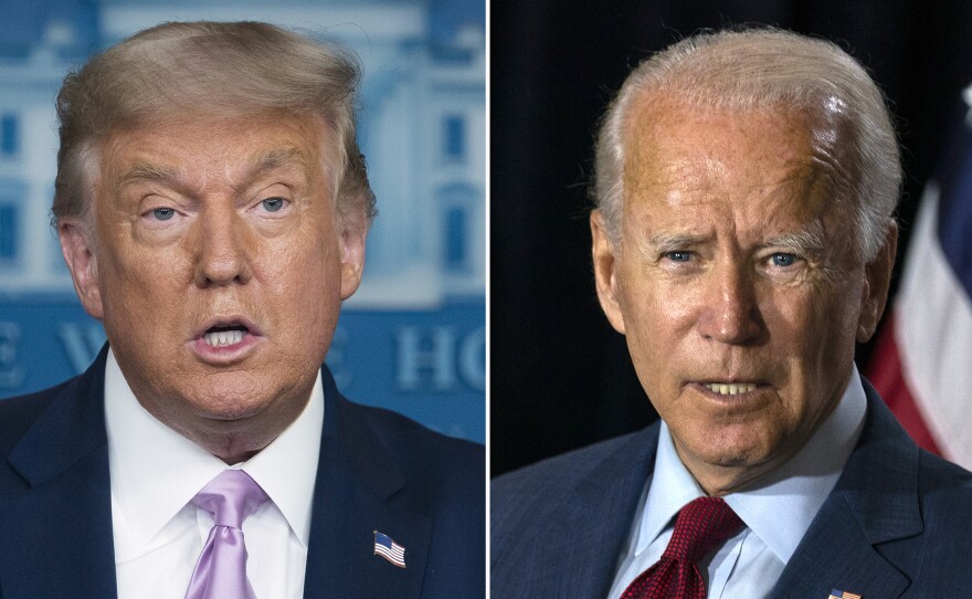 President Trump and Joe Biden shown in a split image. Voters are sharply divided along partisan lines when it comes to their views on the economy, according to a massive poll.