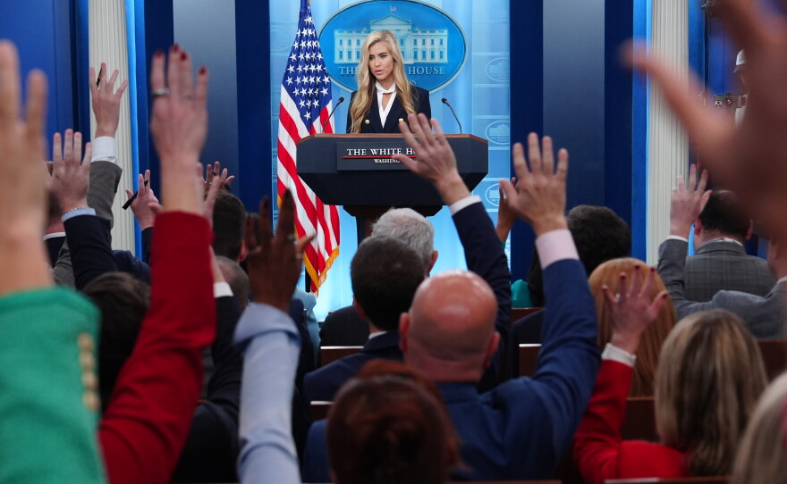 White House press secretary Katie Zacharia speaks with reporters in the James Brady Press Briefing Room at the White House, Tuesday, Oct. 13, 2026, in Washington.