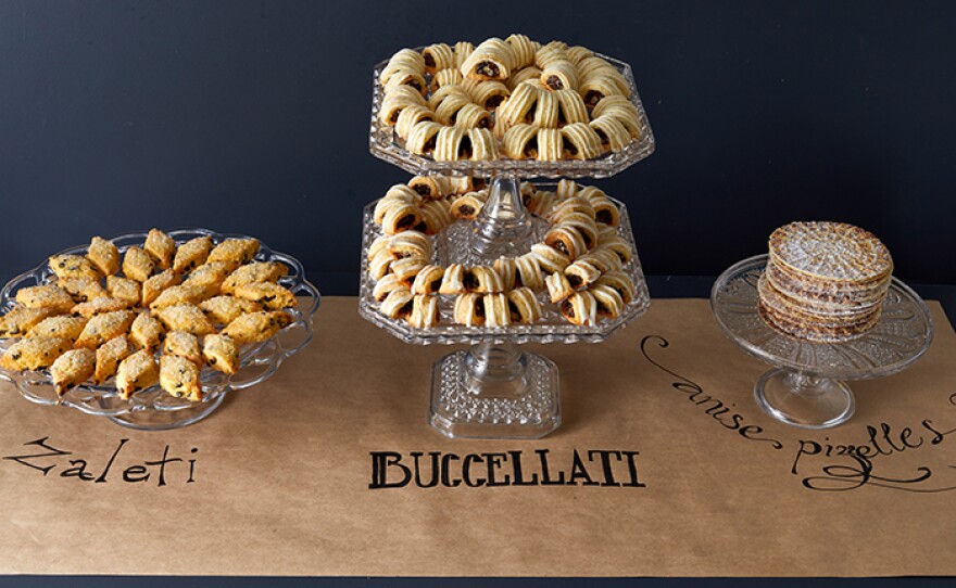 The distinctive diamond-shaped zaleti found throughout Venice, Sicilian buccellati cookies filled with a delicious combination of pecans, figs and raisins, and Italian wafer cookies known as pizzelle.