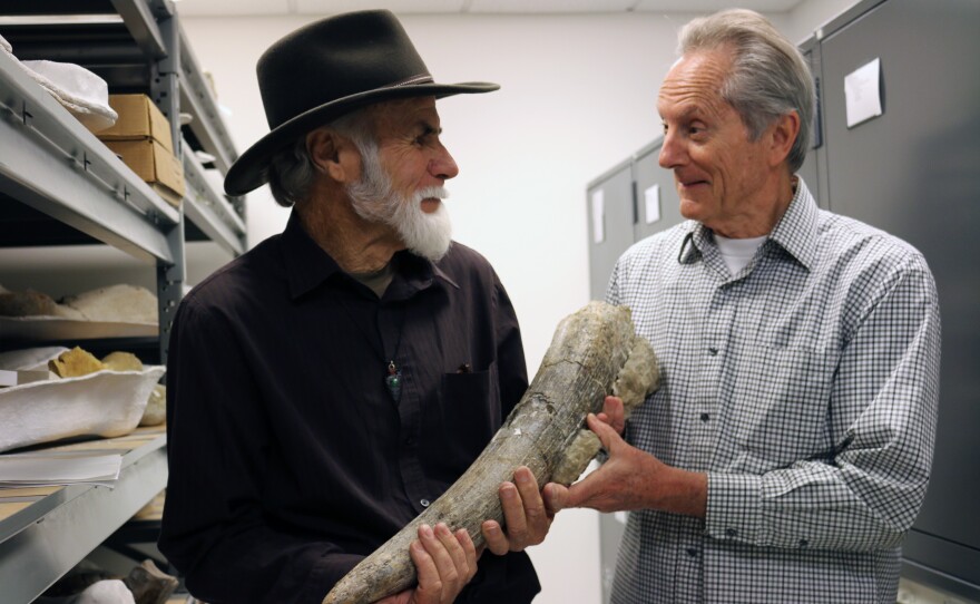 Tom Deméré and Richard Cerutti hold a mastodon bone in this undated photo.