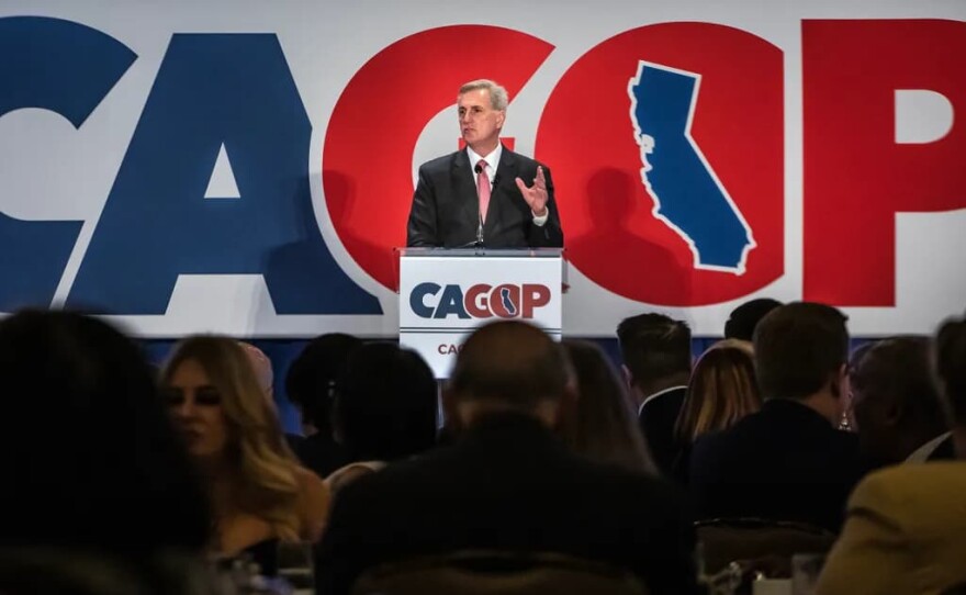 Former U.S. House Speaker Kevin McCarthy addresses attendees during the state Republican Party convention in Sacramento on March 11, 2023.