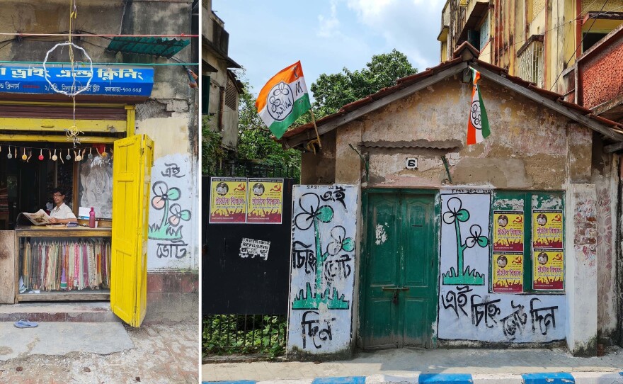 Political flags and graffiti in Kolkata bear the symbol of the All India Trinamool Congress, the regional political party Mamata Banerjee founded.