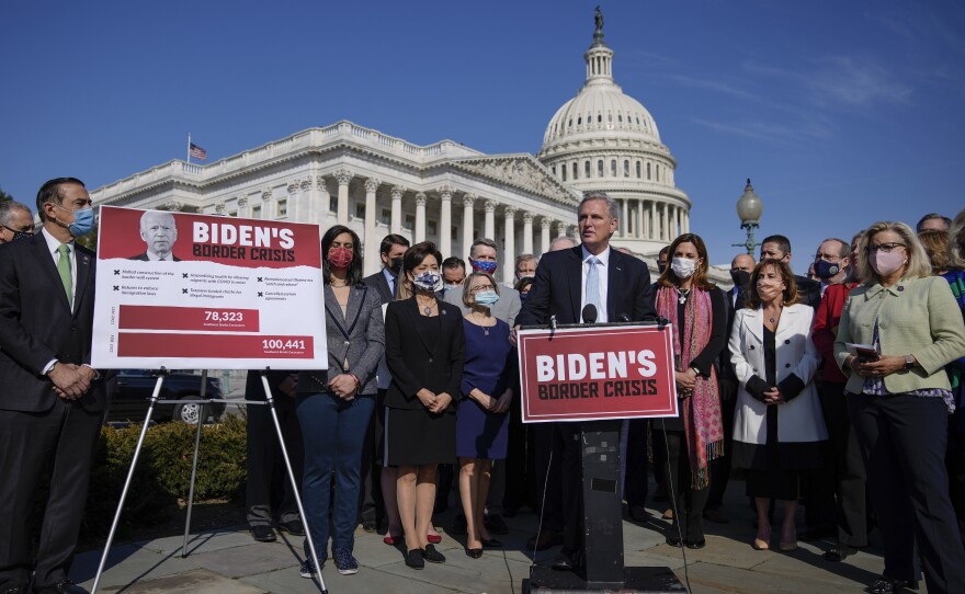 House Minority Leader Kevin McCarthy, R-Calif., speaks during a news conference about U.S.-Mexico border policy outside the Capitol on Thursday. McCarthy leads a delegation to the border on Monday.