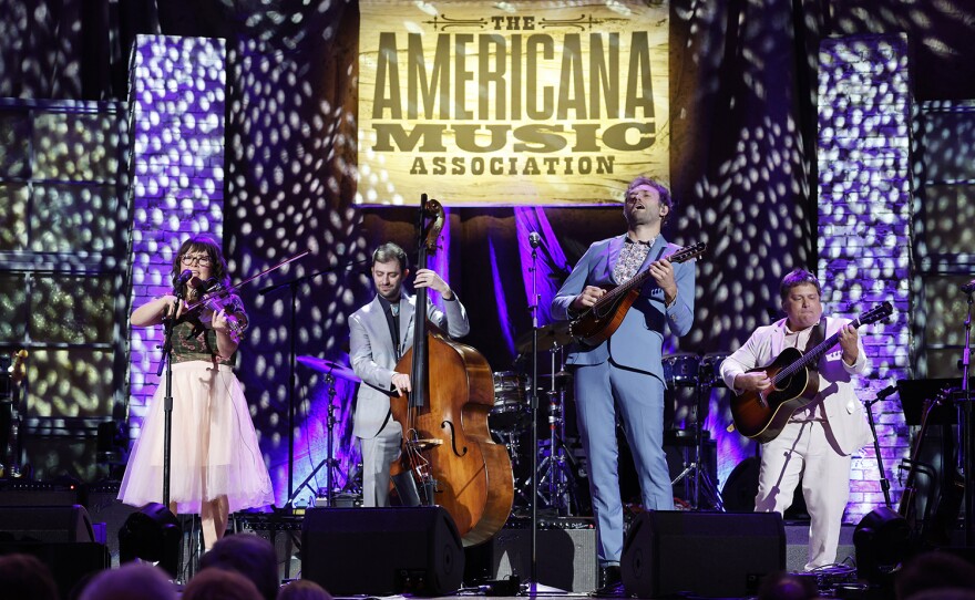 (L-R) Sara Watkins, Chris Thile and Sean Watkins of Nickel Creek perform onstage for the 22nd Annual Americana Honors and Awards at Ryman Auditorium on Sept. 20, 2023 in Nashville, Tenn.