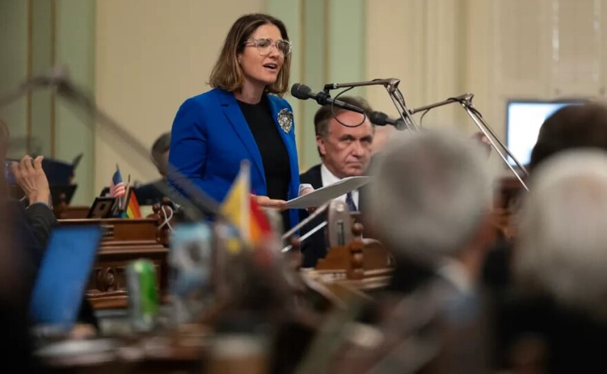 Assembly member Rebecca Bauer-Kahan speaks in support of SCR 135, which would designate May 6, 2024 as California Holocaust Memorial Day on the Assembly floor at the state Capitol in Sacramento on April 29, 2024.