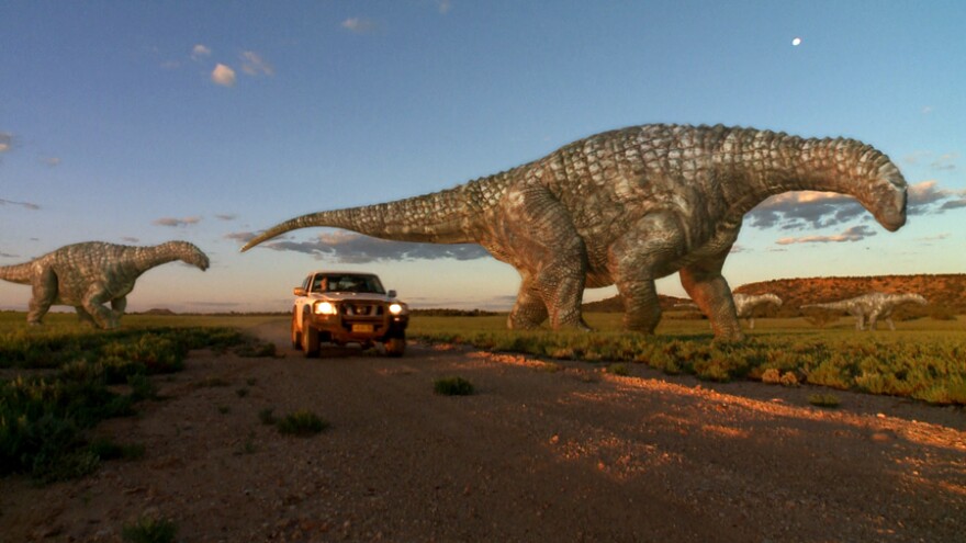 Drive with dinosaurs graphic for NOVA's "Australia's First 4 Billion Years." Explore how one of the strangest landscapes on Earth reveals our planet’s complex history.