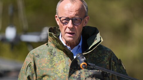 German Chancellor Friedrich Merz gives a statement during his visit to the army at the Bundeswehr base in Munster, Germany, Thursday, April, 30, 2026.