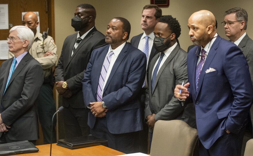 The former Memphis police officers accused of murder in the death of Tyre Nichols appear with their attorneys at an indictment hearing at the Shelby County Criminal Justice Center on Feb. 17, 2023, in Memphis, Tenn. The former police officers pleaded not guilty to second-degree murder and other charges in the violent arrest and death of Nichols.