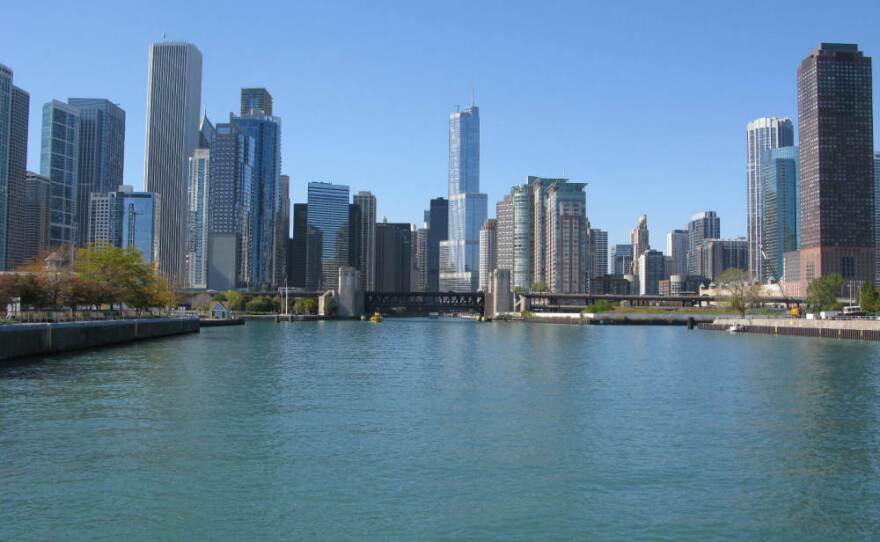 The north, south and east branches of the Chicago River meet at Wolf Point, where this view can be seen looking east from a kayak.