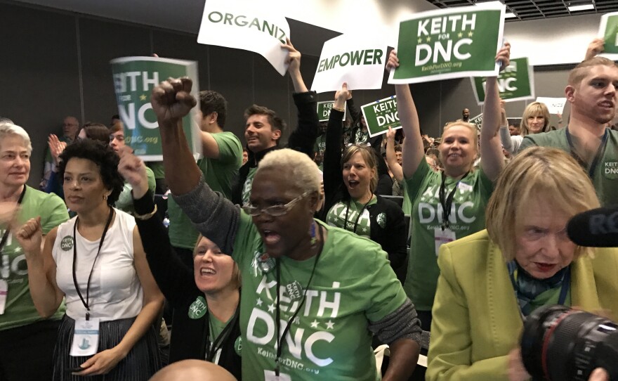 Supporters of Minnesota Rep. Keith Ellison cheer as he is being introduced. Ellison is seen as one of the two front-runners for chairman of the party.