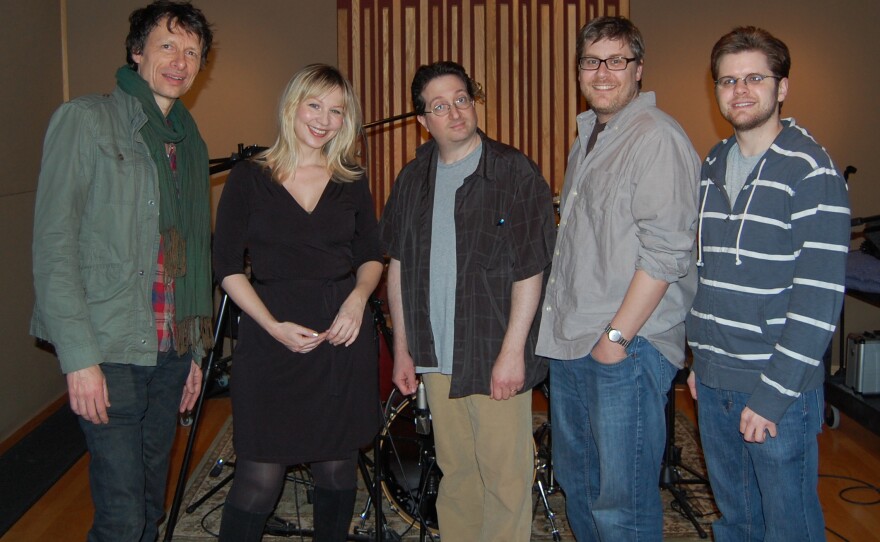 Animator Mike Salva (center) with the talented folks in the recording studio for "Pound Dogs:" Steve Taylor, Samantha Newark, and the "dogs" Ryan Williams and Sean Parrott.