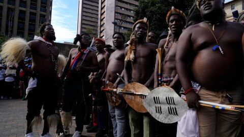 South Africans dressed in traditional attire protest against illegal migration on April 29  in Johannesburg.