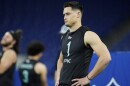 File photo of San Diego State kicker Matt Araiza (01) looking on at the NFL football scouting combine in Indianapolis, Sunday, March 6, 2022.