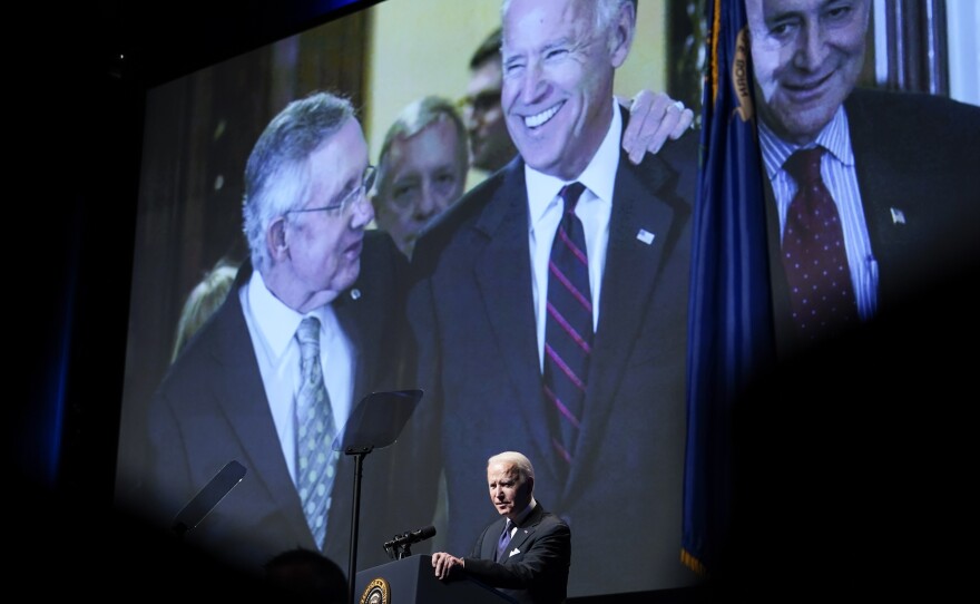 President Joe Biden speaks during a memorial service for former Senate Majority Leader Harry Reid in Las Vegas.