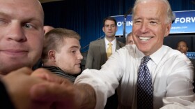 Vice President Joe  Biden greets the crowd after a rally at  Pennsylvania  State University in  State College, Pa., on Tuesday. He told students that it's critical that they vote this year.