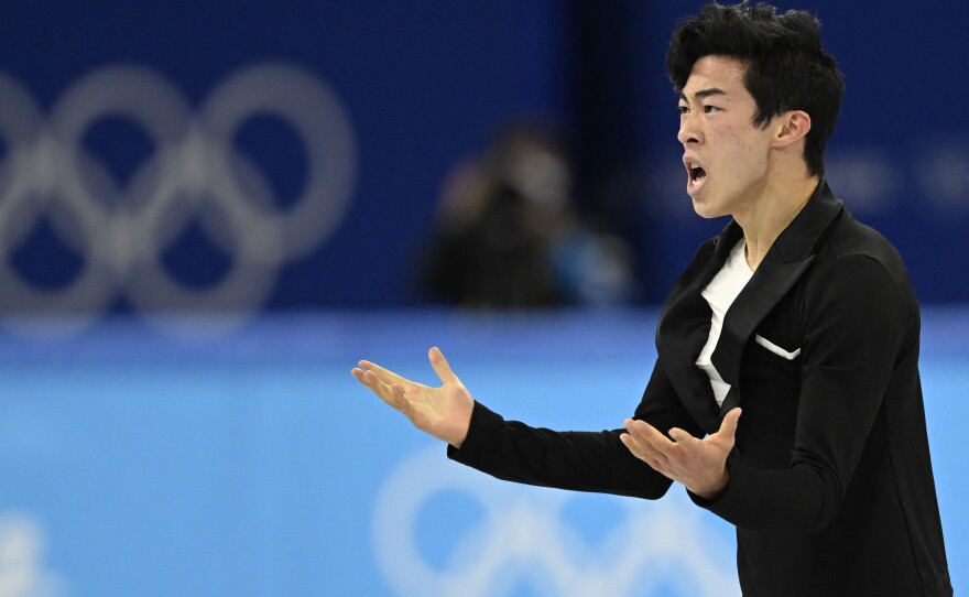 USA's Nathan Chen competes in the men's single skating short program of the figure skating event during the Beijing 2022 Winter Olympic Games.
