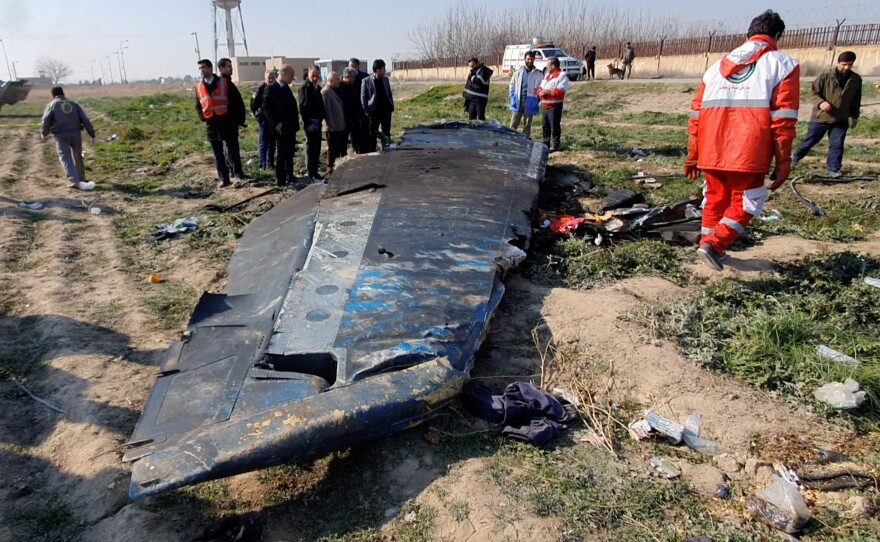 Debris from the Ukraine International Airlines flight 752, which was shot down after takeoff from Iran's Imam Khomeini airport, on the outskirts of Tehran.