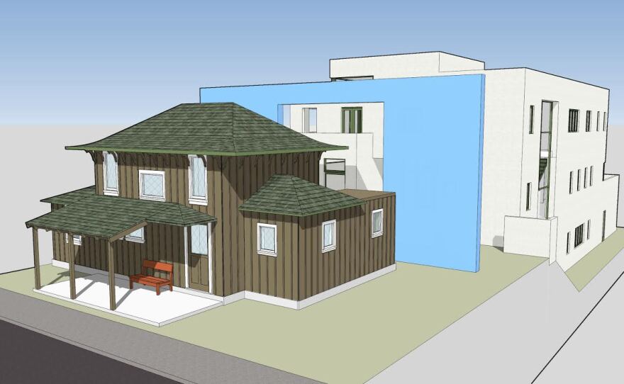"Restoration of Windemere Cottage with a New Home for a Family," by Roy McMakin and Tom Mulica imagines how Irving Gill's Windemere Cottage could have been saved and integrated with a modern residence.