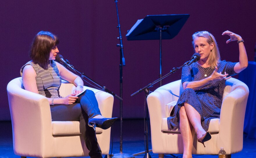 Piper Kerman (right) and <em>Ask Me Another </em>host Ophira Eisenberg.