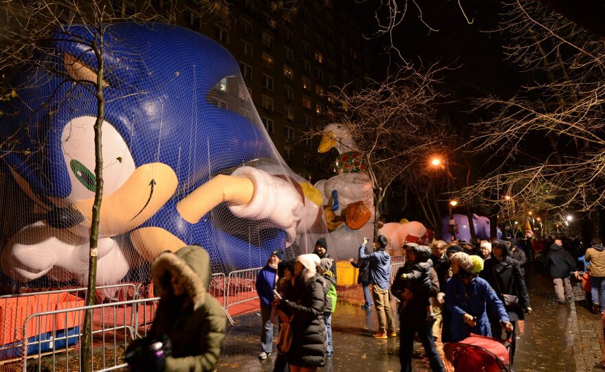 Sonic the Hedgehog balloon is inflated Wednesday in New York. The annual Macy's Thanksgiving Day parade, which began in 1924, features giant balloons of characters from popular culture floating above the streets of Manhattan. But high winds could ground Sonic and others on Thursday.