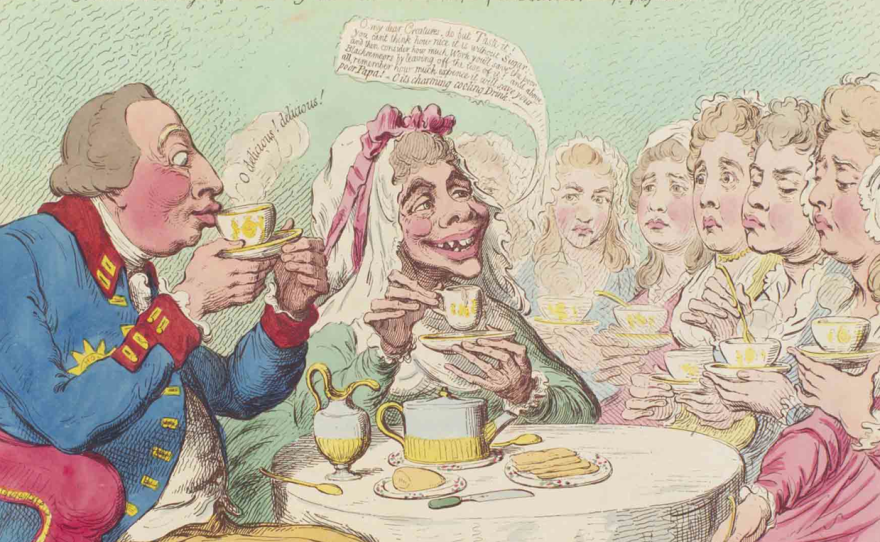 Anti-Saccharrites, a caricature by James Gillray from 1792, depicts King George III of England and his wife, Charlotte, drinking tea without sugar and urging their daughters to do the same. At one point, close to 400,000 Britons gave up sugar as part of the anti-slavery boycott.