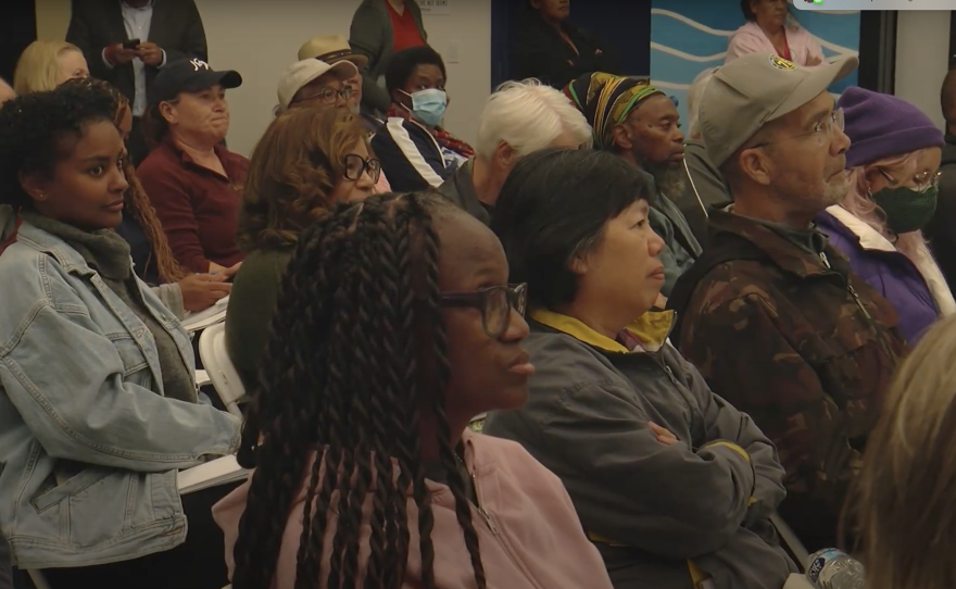 Neighbors pack a community room at KIPP Adelante Preparatory Academy for the Chollas Valley Community Planning Group on Monday, Oct. 28, 2024.