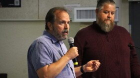 Mira Mesa High School education specialist Joe Sabeh (left) and Principal Jeff Sabins at a San Diego Unified School District board meeting on Tuesday, Oct. 14, 2025.