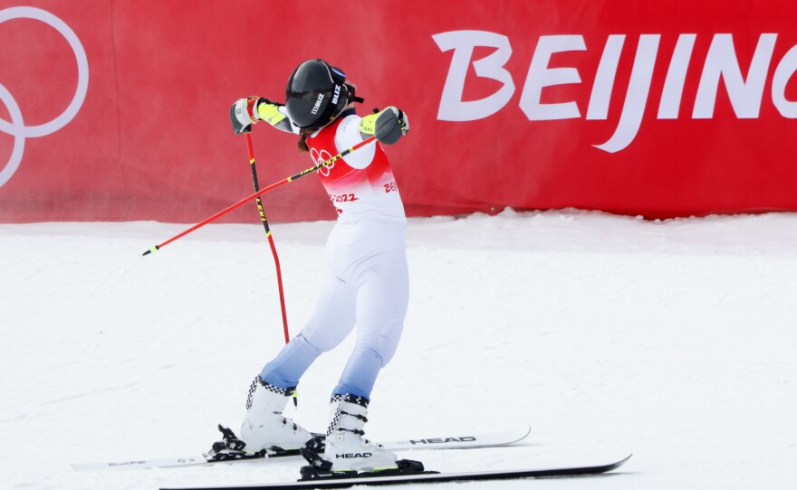 Sara Hector of Team Sweden celebrates after the women's giant slalom in Yanqing Monday.