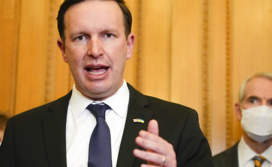 U.S. Senators Chris Murphy D-Conn. gives a briefing at Ukrainian Presidential office after their meeting with Ukrainian President Volodymyr Zelenskyy in Kyiv, Ukraine, Monday, Jan. 17, 2022.