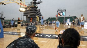 Members of North Carolina Tar Heels practice for the Carrier Classic NCAA college basketball game aboard the USS Carl Vinson on November 10, 2011 in San Diego, California. 