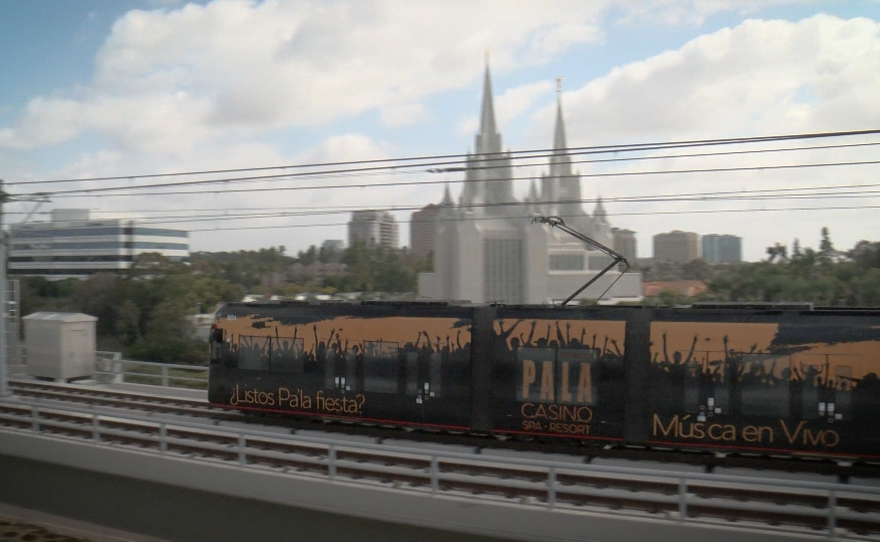 A trolley travels along the recently completed Blue Line to University City on March 10, 2022.