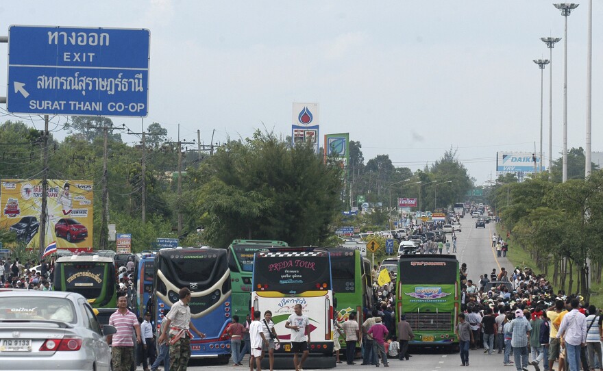 A rural highway in southern Thailand photographed in 2013. Congestion and reckless driving are not uncommon on the country's roads and thoroughfares.