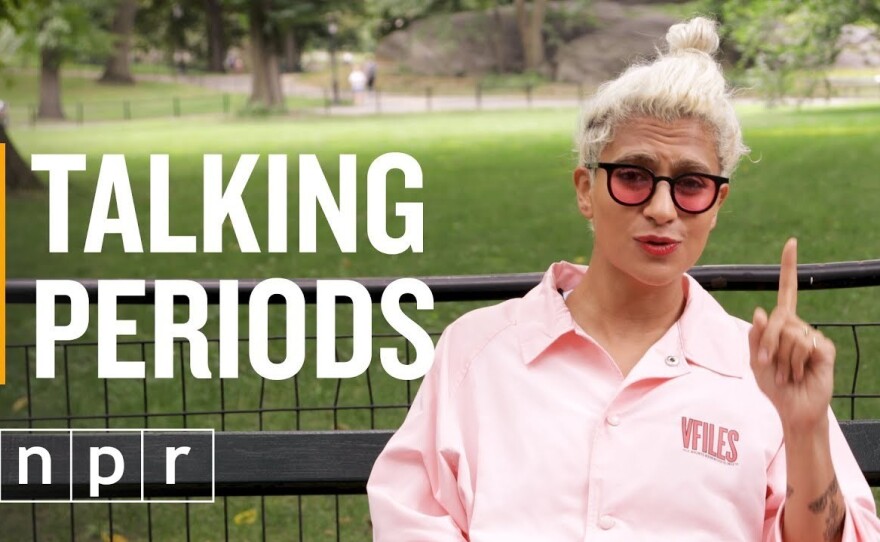 Madame Gandhi talks about menstruation on a park bench in New York City.