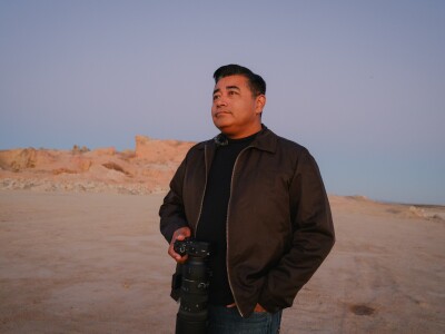 Juan Rodelo stands for a portrait at Red Hill Marina along the Salton Sea, near Calipatria, California in the Imperial Valley on November 12, 2024. A Facebook group for amateur photographers founded by Rodelo has now become a vibrant portrait of life in the Imperial Valley.