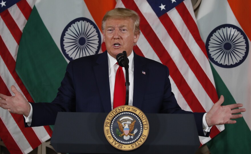 President Trump speaks Tuesday with business leaders in New Delhi.
