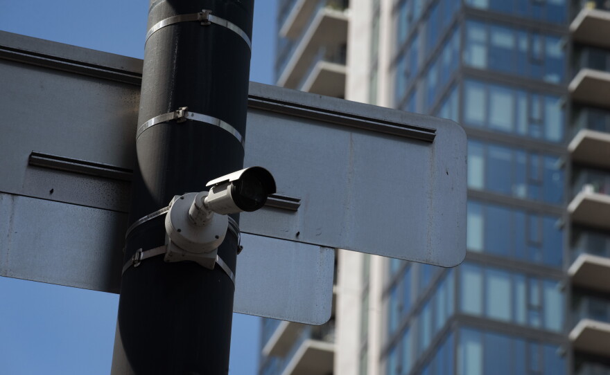 A camera that may or may not be part of the city's Flock contract network of Automated License Plate Readers in downtown San Diego on Sept. 30, 2026.