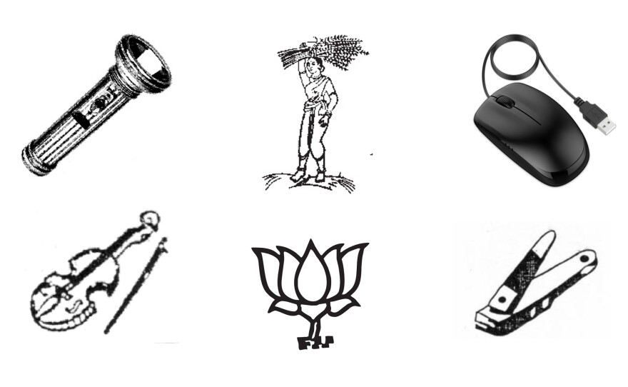 India offers hundreds of symbols for political parties. The flashlight, "lady farmer" and lotus blossom (Prime Minister Modi's party symbol) appear on voting machine ballots for elections this spring. No party claimed the violin, the computer mouse and the nail clippers.