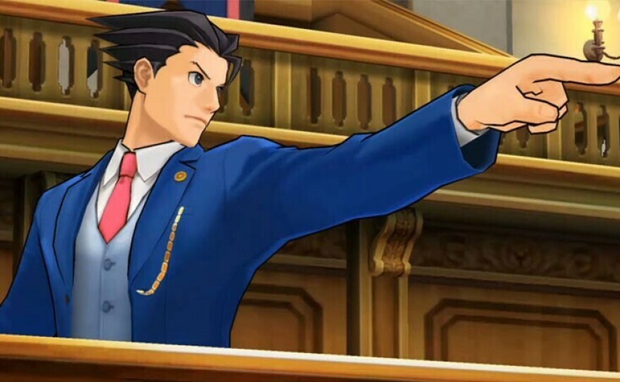 Phoenix Wright's trademark gesture in <em>Phoenix Wright: Ace Attorney — Dual Destinies</em>, a 3DS game that has since been ported to Android and iOS.