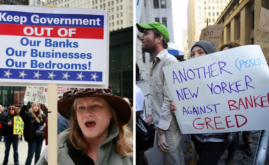Left: DeeDee Dieffenderfer participates in a Tea Party protest in Chicago on April 15, 2009. Right: Participants in "Occupy Wall Street" demonstrate in New York City on Sept. 19, 2011.